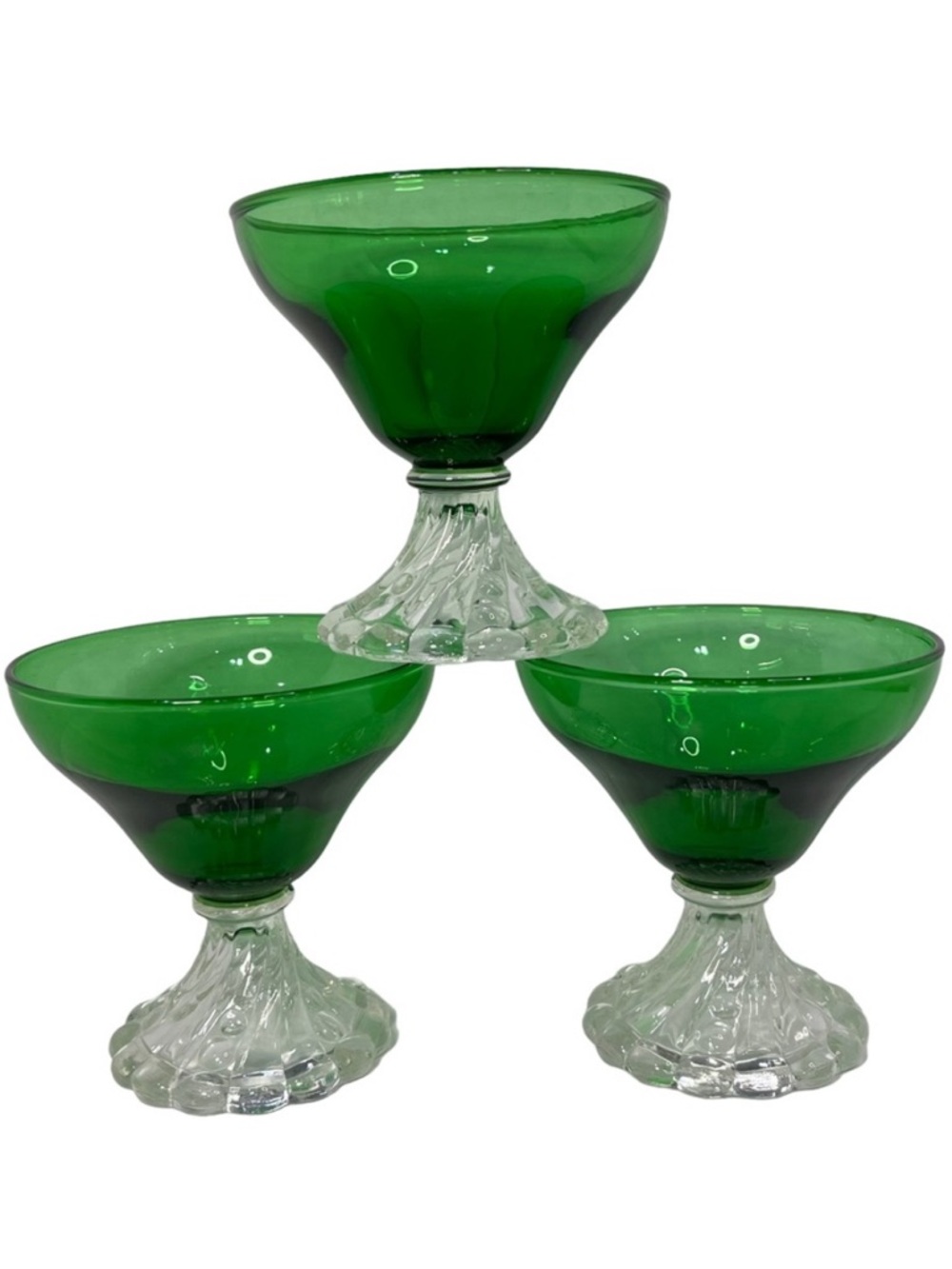 Vintage Emerald Green Champagne Sherbet Glasses Swirl Stem Retro MCM Set of 3